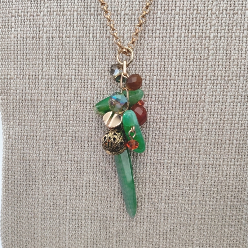Handbeaded Jewelry Necklace Green Agate Gold Cluster Pendant Long 20-22" - Picture 2 of 2